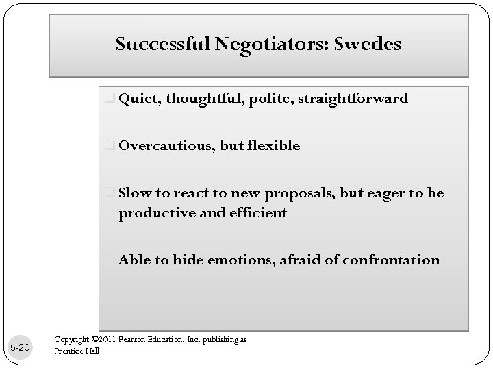 Successful Negotiators: Swedes q Quiet, thoughtful, polite, straightforward q Overcautious, but flexible q Slow