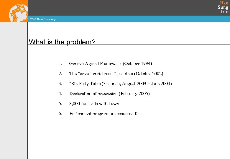 ICKS, Korea University What is the problem? 1. Geneva Agreed Framework (October 1994) 2.