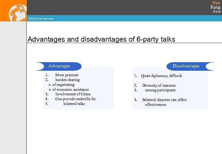 ICKS, Korea University Advantages and disadvantages of 6 -party talks Advantages 1. 2. More