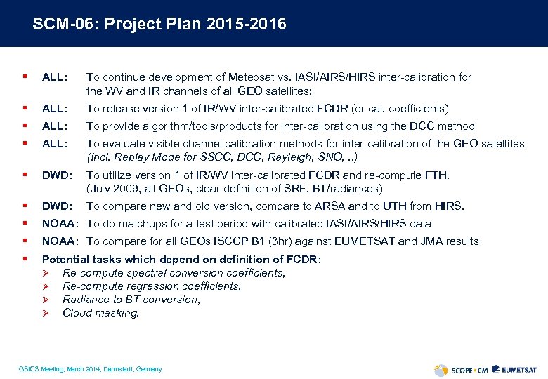 SCM-06: Project Plan 2015 -2016 § ALL: To continue development of Meteosat vs. IASI/AIRS/HIRS