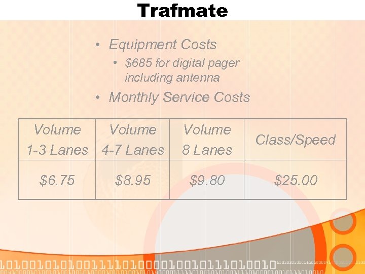 Trafmate • Equipment Costs • $685 for digital pager including antenna • Monthly Service