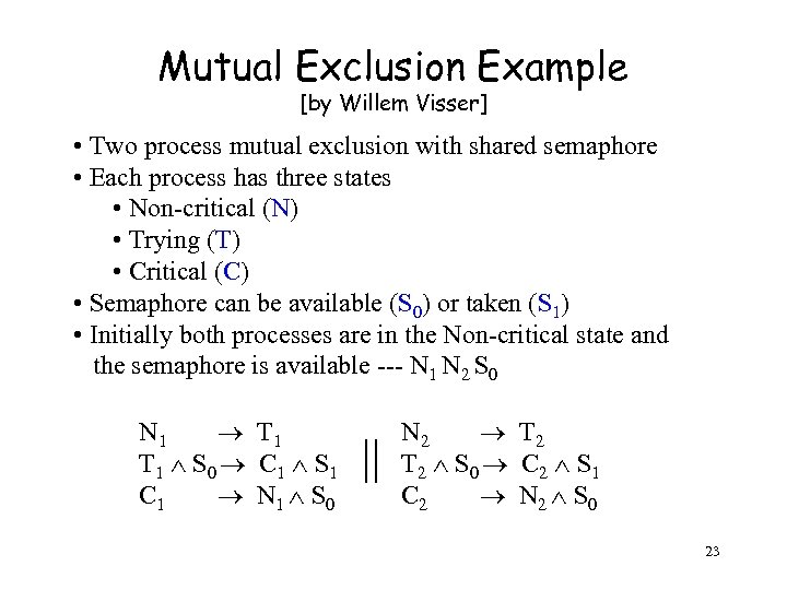 Mutual Exclusion Example [by Willem Visser] • Two process mutual exclusion with shared semaphore