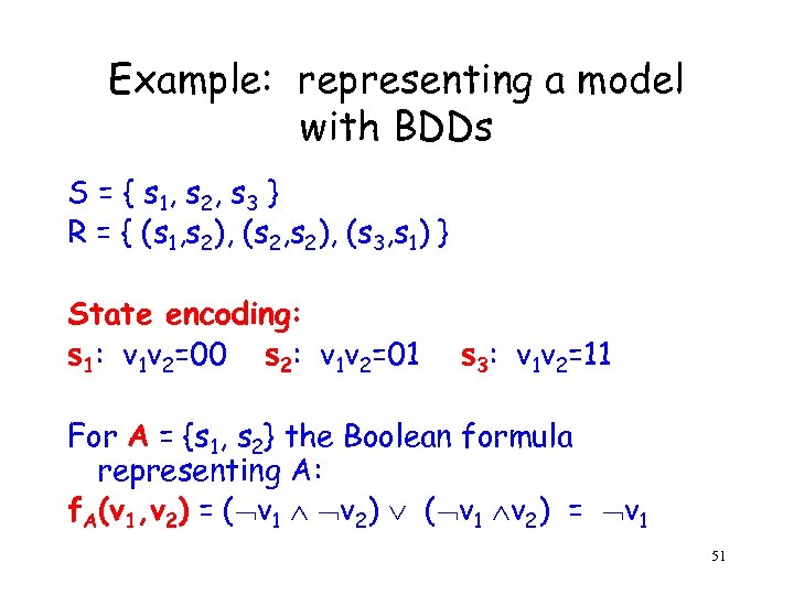 Example: representing a model with BDDs S = { s 1, s 2 ,