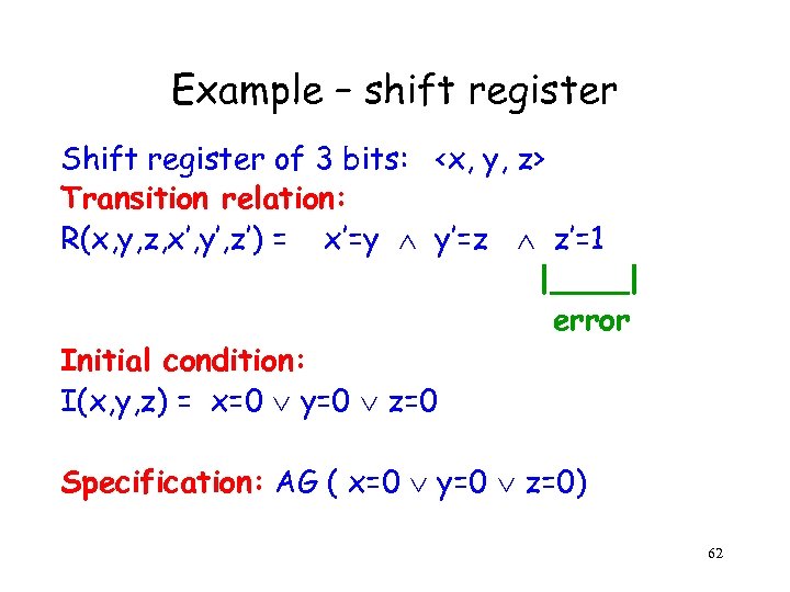 Example – shift register Shift register of 3 bits: <x, y, z> Transition relation: