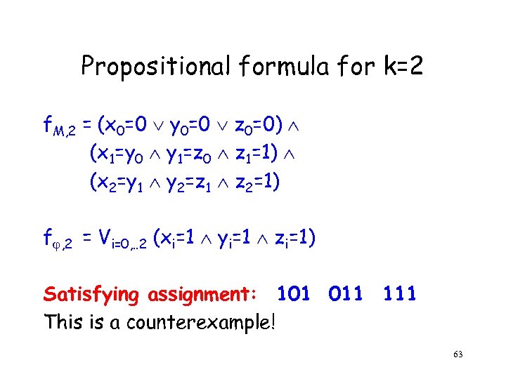 Propositional formula for k=2 f. M, 2 = (x 0=0 y 0=0 z 0=0)