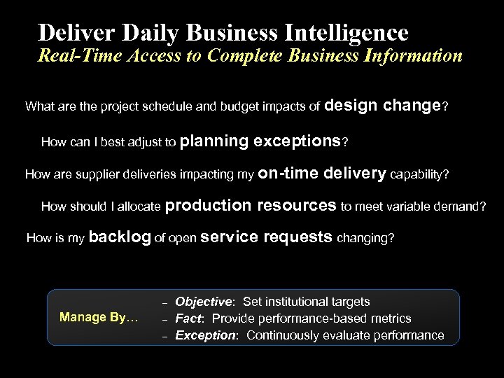 Deliver Daily Business Intelligence Real-Time Access to Complete Business Information What are the project