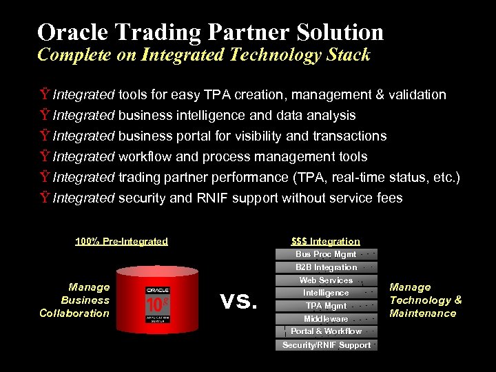 Oracle Trading Partner Solution Complete on Integrated Technology Stack Ÿ Integrated tools for easy
