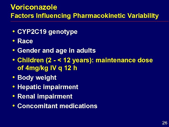 Voriconazole Factors Influencing Pharmacokinetic Variability i CYP 2 C 19 genotype i Race i