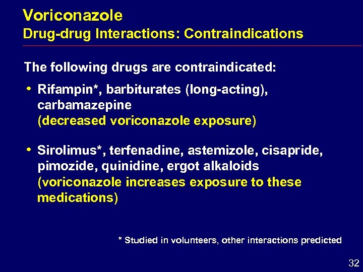 Voriconazole Drug-drug Interactions: Contraindications The following drugs are contraindicated: i Rifampin*, barbiturates (long-acting), carbamazepine