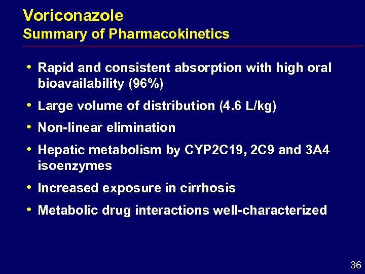 Voriconazole Summary of Pharmacokinetics i Rapid and consistent absorption with high oral bioavailability (96%)