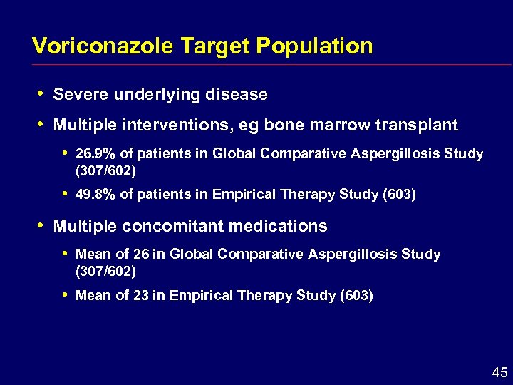 Voriconazole Target Population i Severe underlying disease i Multiple interventions, eg bone marrow transplant