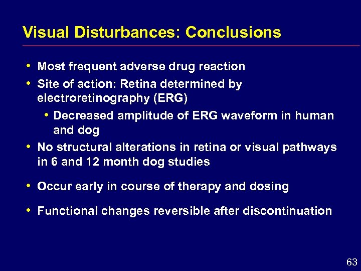 Visual Disturbances: Conclusions i i i Most frequent adverse drug reaction Site of action:
