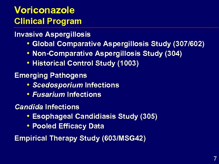 Voriconazole Clinical Program Invasive Aspergillosis i Global Comparative Aspergillosis Study (307/602) i Non-Comparative Aspergillosis