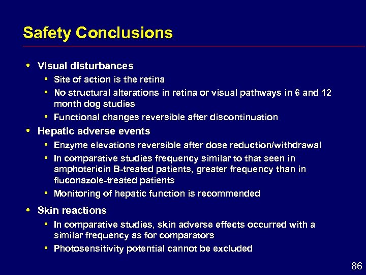 Safety Conclusions i Visual disturbances i i Hepatic adverse events i i Site of