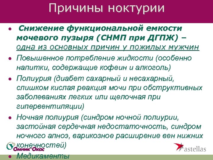 Причины ноктурии · Снижение функциональной емкости · · мочевого пузыря (СНМП при ДГПЖ) –