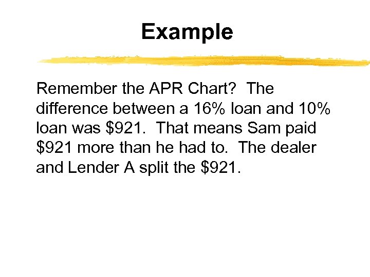 Example Remember the APR Chart? The difference between a 16% loan and 10% loan