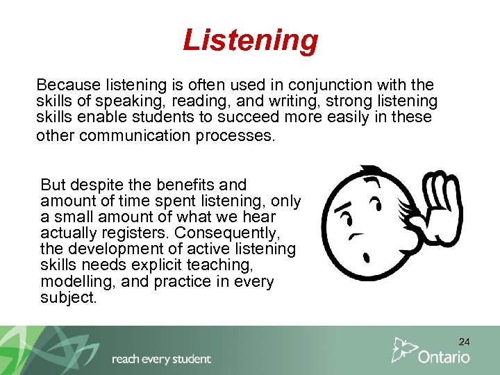 Listening Because listening is often used in conjunction with the skills of speaking, reading,