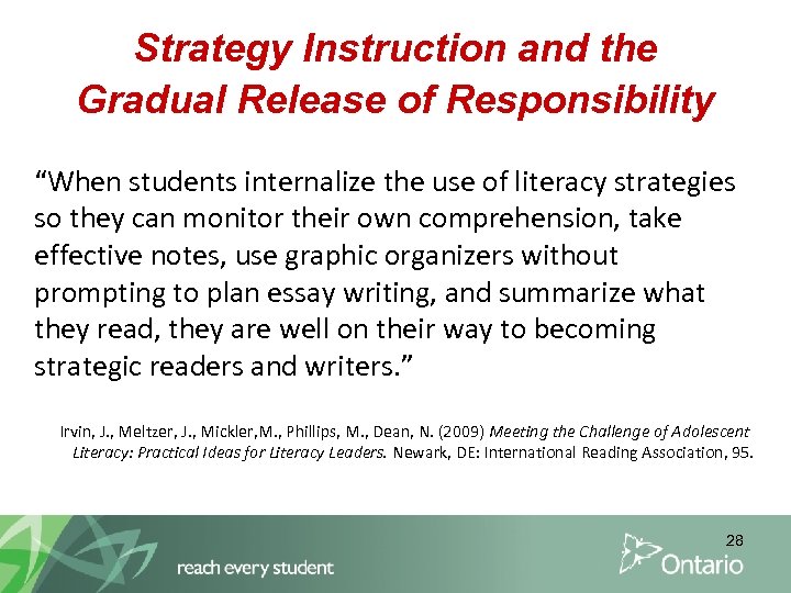 Strategy Instruction and the Gradual Release of Responsibility “When students internalize the use of
