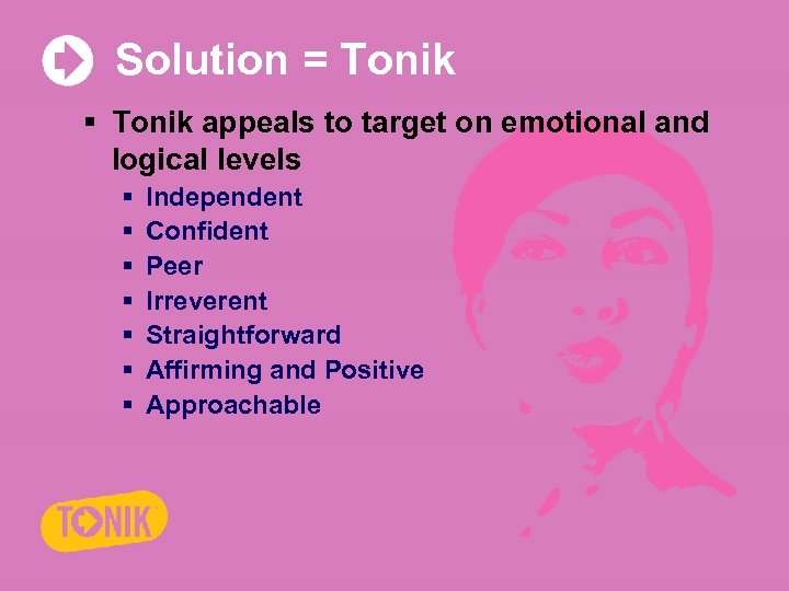 Solution = Tonik § Tonik appeals to target on emotional and logical levels §