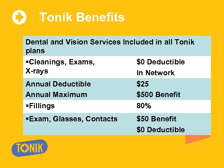 Tonik Benefits Dental and Vision Services Included in all Tonik plans §Cleanings, Exams, $0