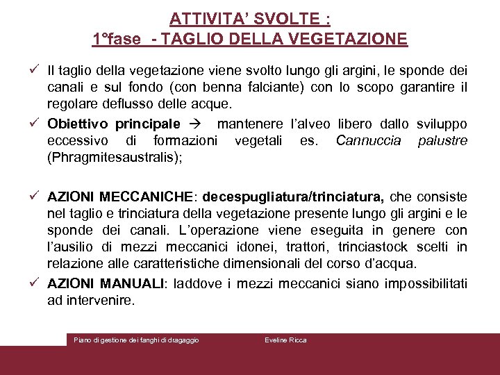 ATTIVITA’ SVOLTE : 1°fase - TAGLIO DELLA VEGETAZIONE ü Il taglio della vegetazione viene