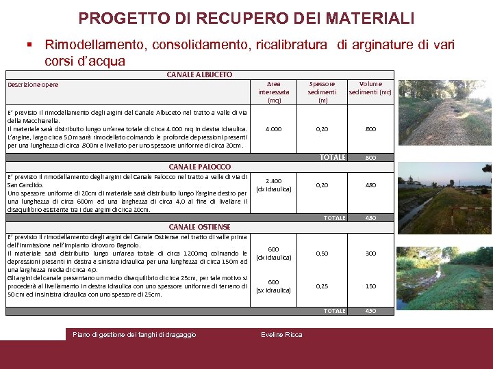 PROGETTO DI RECUPERO DEI MATERIALI § Rimodellamento, consolidamento, ricalibratura di arginature di vari corsi