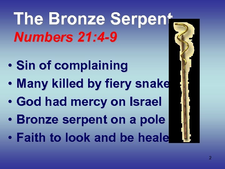 The Bronze Serpent Numbers 21: 4 -9 • Sin of complaining • Many killed