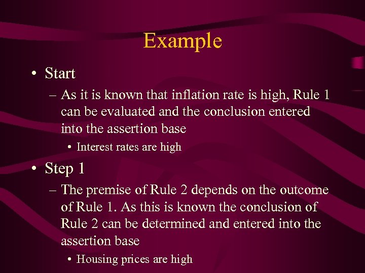 Example • Start – As it is known that inflation rate is high, Rule