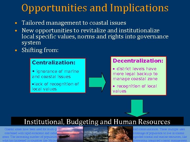 Opportunities and Implications • Tailored management to coastal issues • New opportunities to revitalize