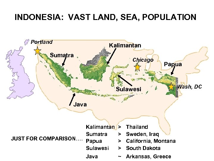 INDONESIA: VAST LAND, SEA, POPULATION Portland Kalimantan Sumatra Chicago Sulawesi Papua Wash, DC Java