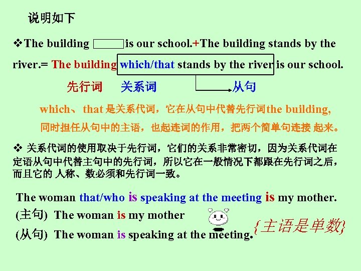说明如下 v. The building is our school. +The building stands by the river. =