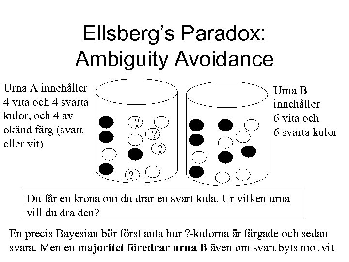 Ellsberg’s Paradox: Ambiguity Avoidance Urna A innehåller 4 vita och 4 svarta kulor, och