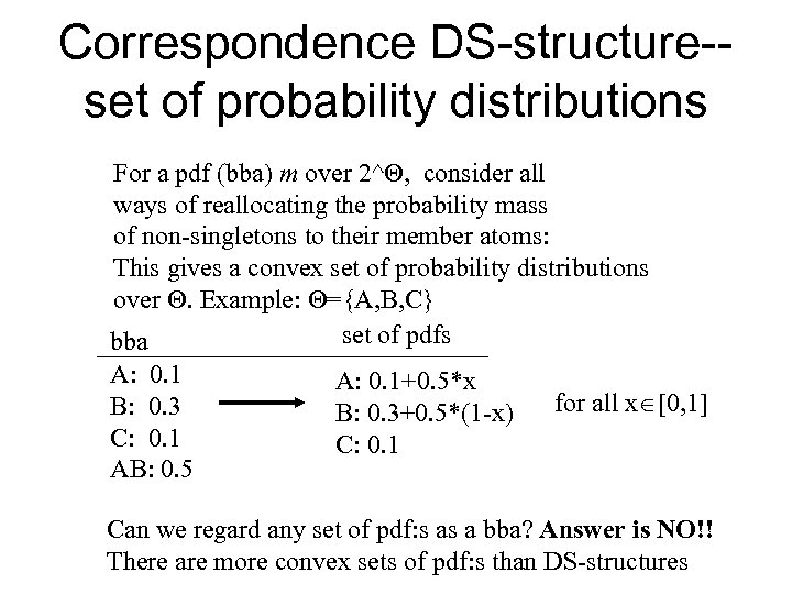 Correspondence DS-structure-set of probability distributions For a pdf (bba) m over 2^ , consider
