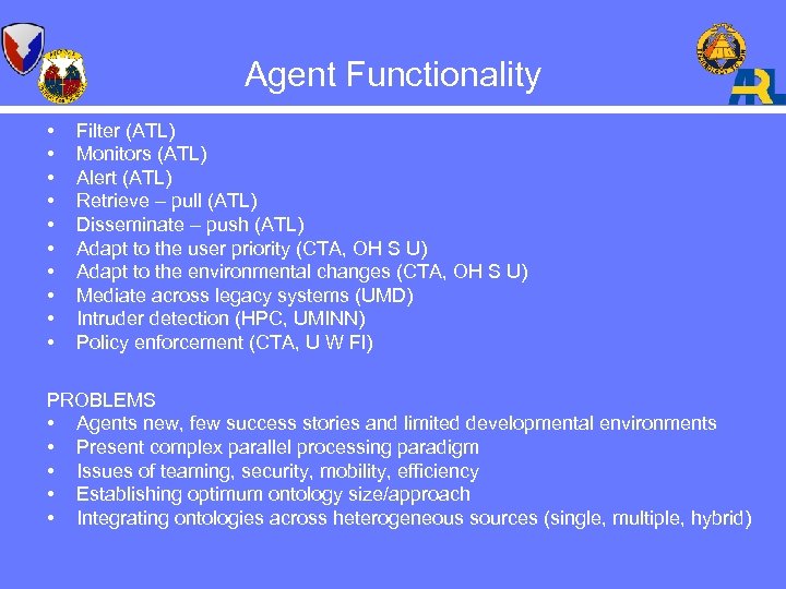 Agent Functionality • • • Filter (ATL) Monitors (ATL) Alert (ATL) Retrieve – pull