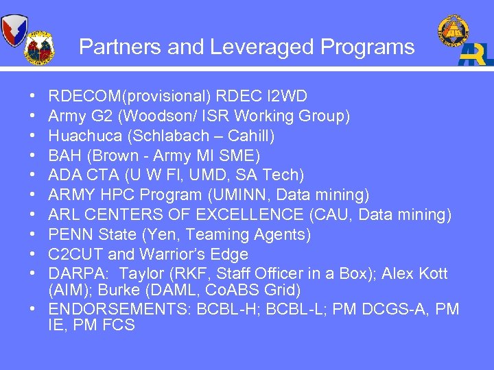 Partners and Leveraged Programs • • • RDECOM(provisional) RDEC I 2 WD Army G