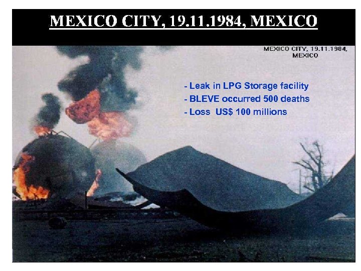 - Leak in LPG Storage facility - BLEVE occurred 500 deaths - Loss US$