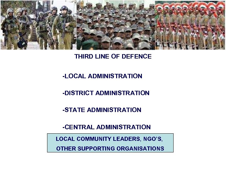 THIRD LINE OF DEFENCE -LOCAL ADMINISTRATION -DISTRICT ADMINISTRATION -STATE ADMINISTRATION -CENTRAL ADMINISTRATION LOCAL COMMUNITY