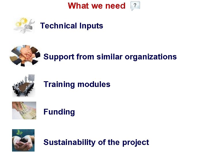 What we need Technical Inputs Support from similar organizations Training modules Funding Sustainability of