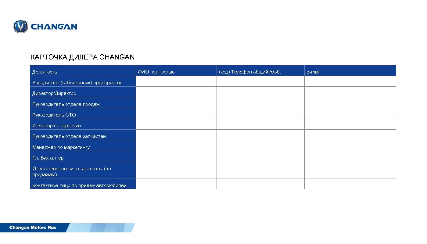 КАРТОЧКА ДИЛЕРА CHANGAN Должность Учредитель (собственник) предприятия Директор/Директор Руководитель отдела продаж Руководитель СТО Инженер