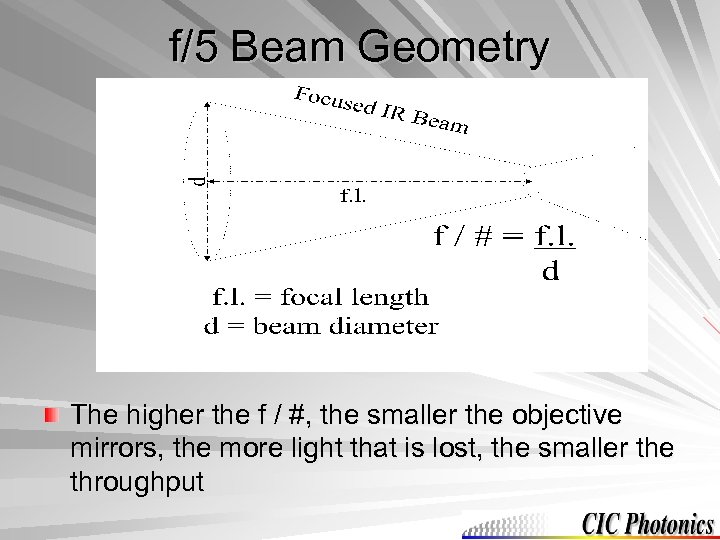 f/5 Beam Geometry The higher the f / #, the smaller the objective mirrors,