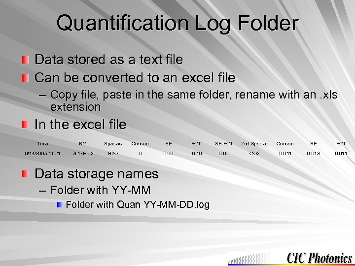 Quantification Log Folder Data stored as a text file Can be converted to an