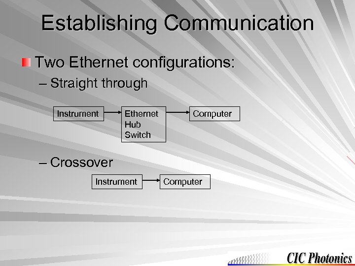 Establishing Communication Two Ethernet configurations: – Straight through Instrument Ethernet Hub Switch Computer –