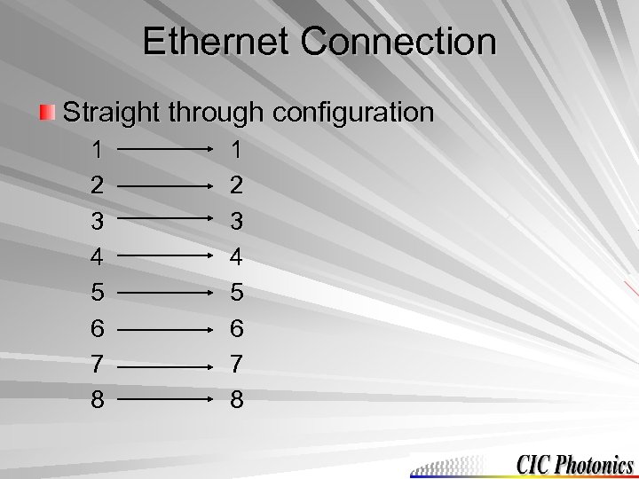 Ethernet Connection Straight through configuration 1 2 3 4 5 6 7 8 