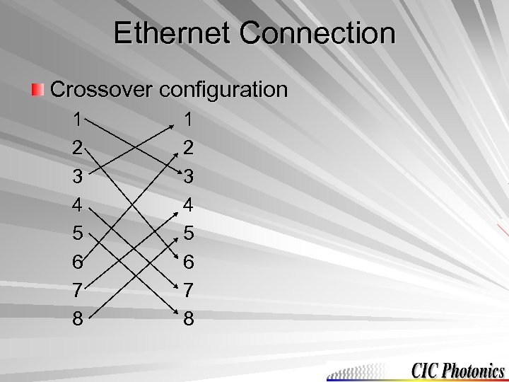 Ethernet Connection Crossover configuration 1 2 3 4 5 6 7 8 