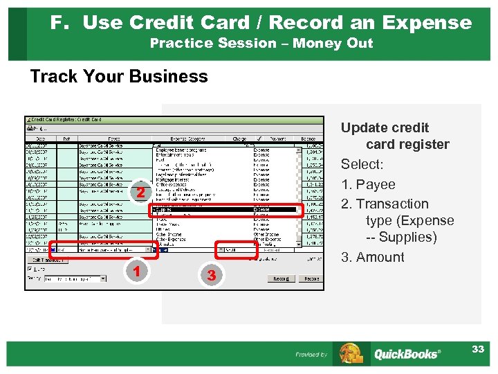 F. Use Credit Card / Record an Expense Practice Session – Money Out Track