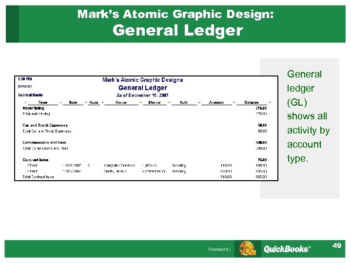 Mark’s Atomic Graphic Design: General Ledger General ledger (GL) shows all activity by account