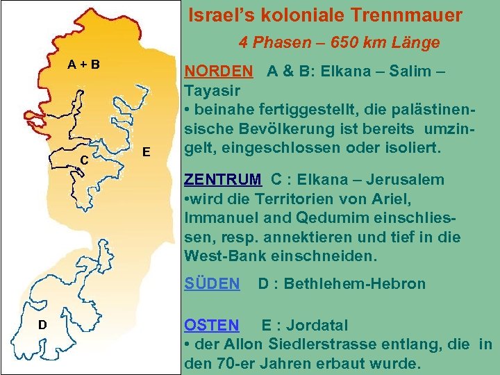 Israel’s koloniale Trennmauer 4 Phasen – 650 km Länge A+B C E NORDEN A