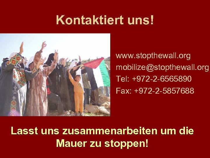 Kontaktiert uns! www. stopthewall. org mobilize@stopthewall. org Tel: +972 -2 -6565890 Fax: +972 -2