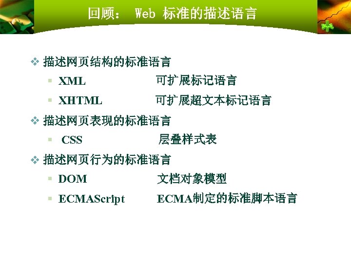 回顾： Web 标准的描述语言 v 描述网页结构的标准语言 § XML 　　可扩展标记语言 § XHTML 　　可扩展超文本标记语言 v 描述网页表现的标准语言 §