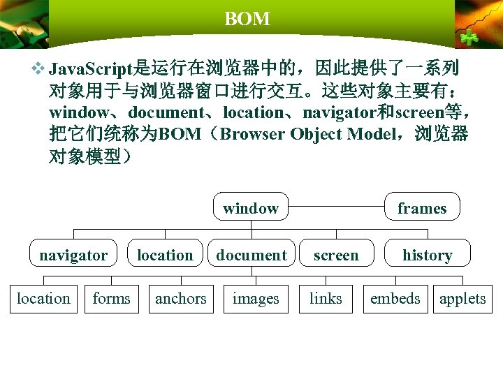 BOM v Java. Script是运行在浏览器中的，因此提供了一系列 对象用于与浏览器窗口进行交互。这些对象主要有： window、document、location、navigator和screen等， 把它们统称为BOM（Browser Object Model，浏览器 对象模型） window navigator location forms